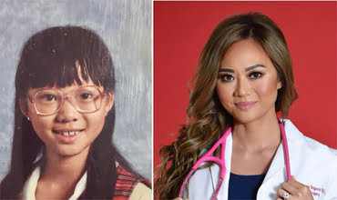 Then and now photos of Dr. Cat Begovic, showcasing her inspiring transformation from childhood to a leading plastic surgeon.