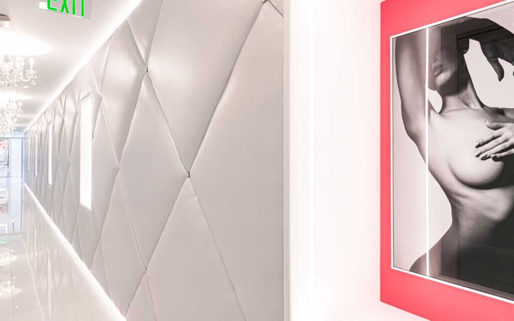 Custom art boxes recessed into the tufted walls of the corridor