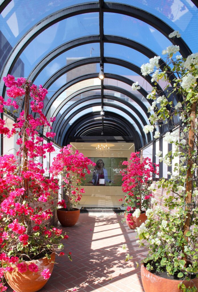 Glass-covered walkway with bougainvillea at The Rodeo Collection, 421 N. Rodeo Drive