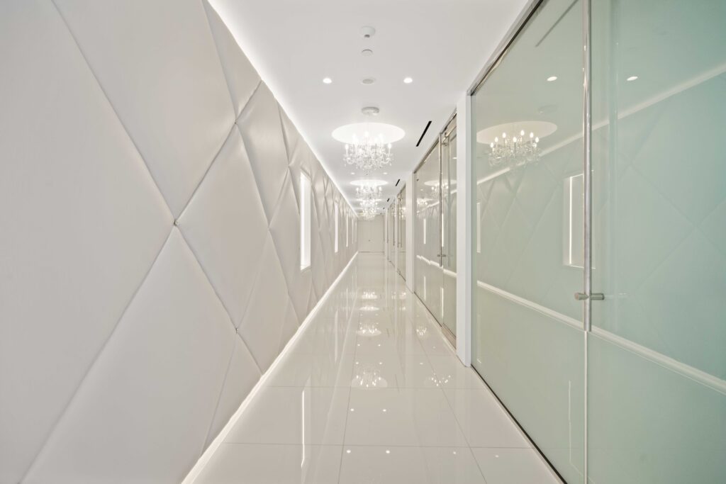 Chandelier corridor of the Dr. Cat Plastic Surgery penthouse suite at 421 N. Rodeo Drive, Beverly Hills