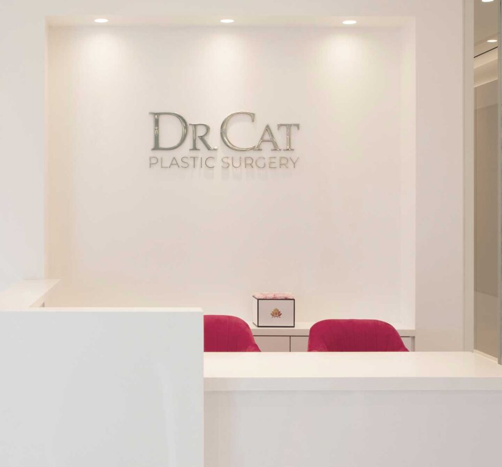 Front desk with the Dr. Cat Plastic Surgery sign and two pink chairs