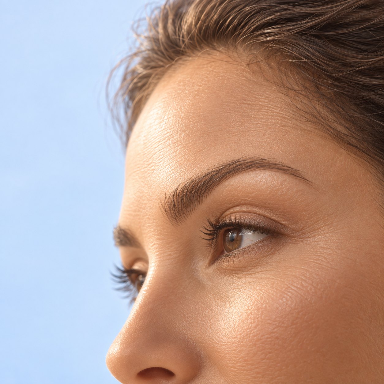 Close-up of a woman's eye and brow in profile against a blue sky