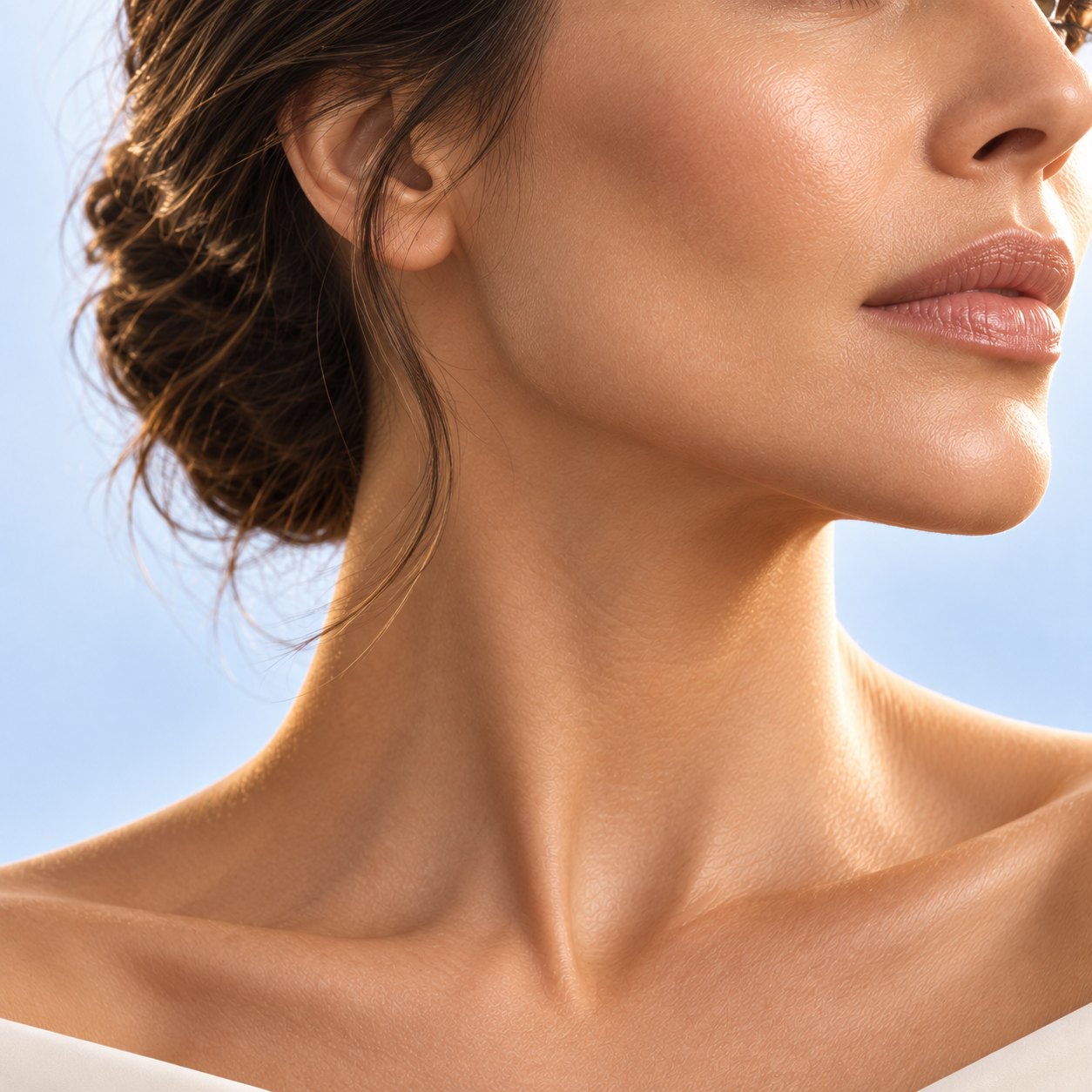 Woman's jawline and neck in three-quarter view, showing a defined lower face