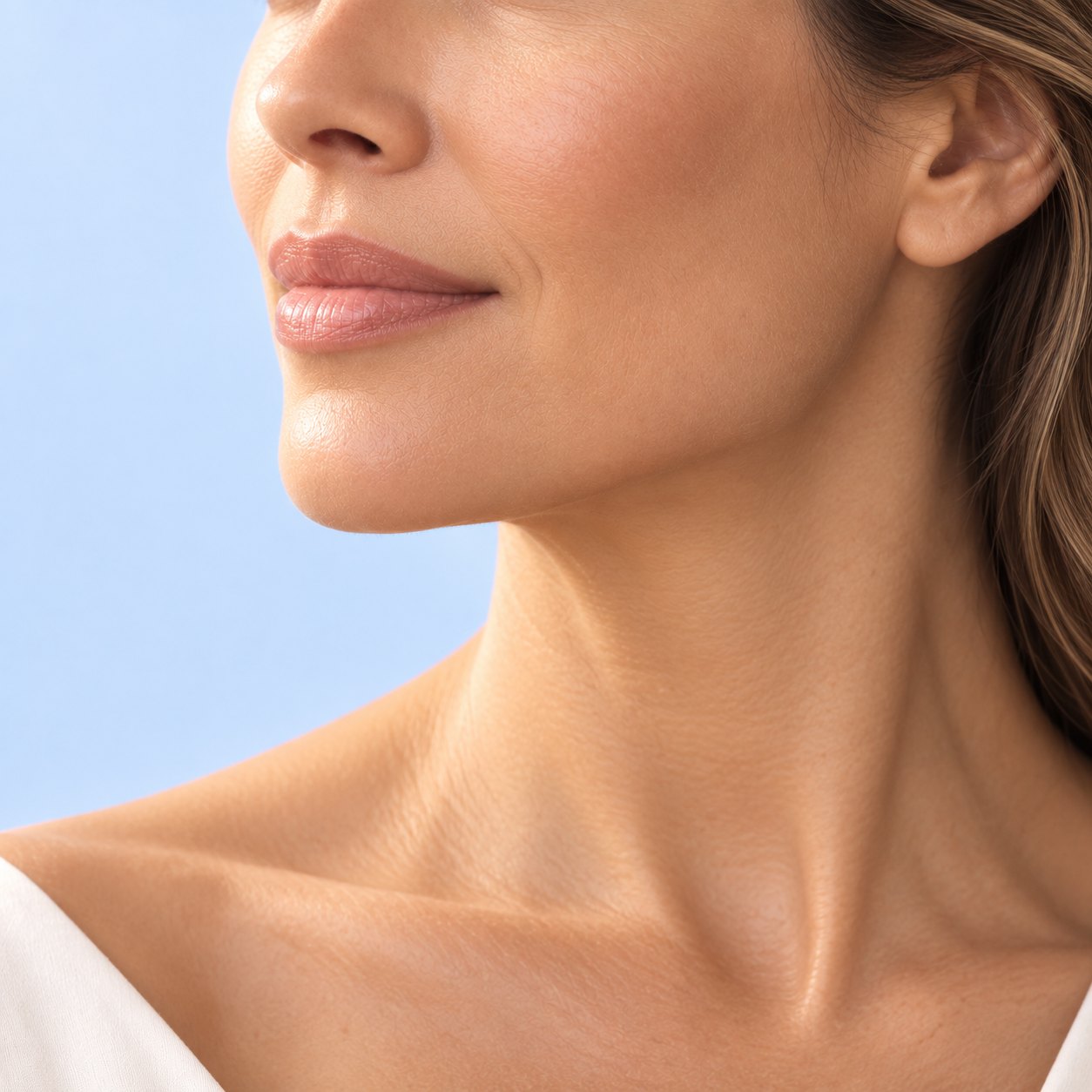 Facial fillers in Beverly Hills: close-up of a woman's lips, cheek and jawline in profile