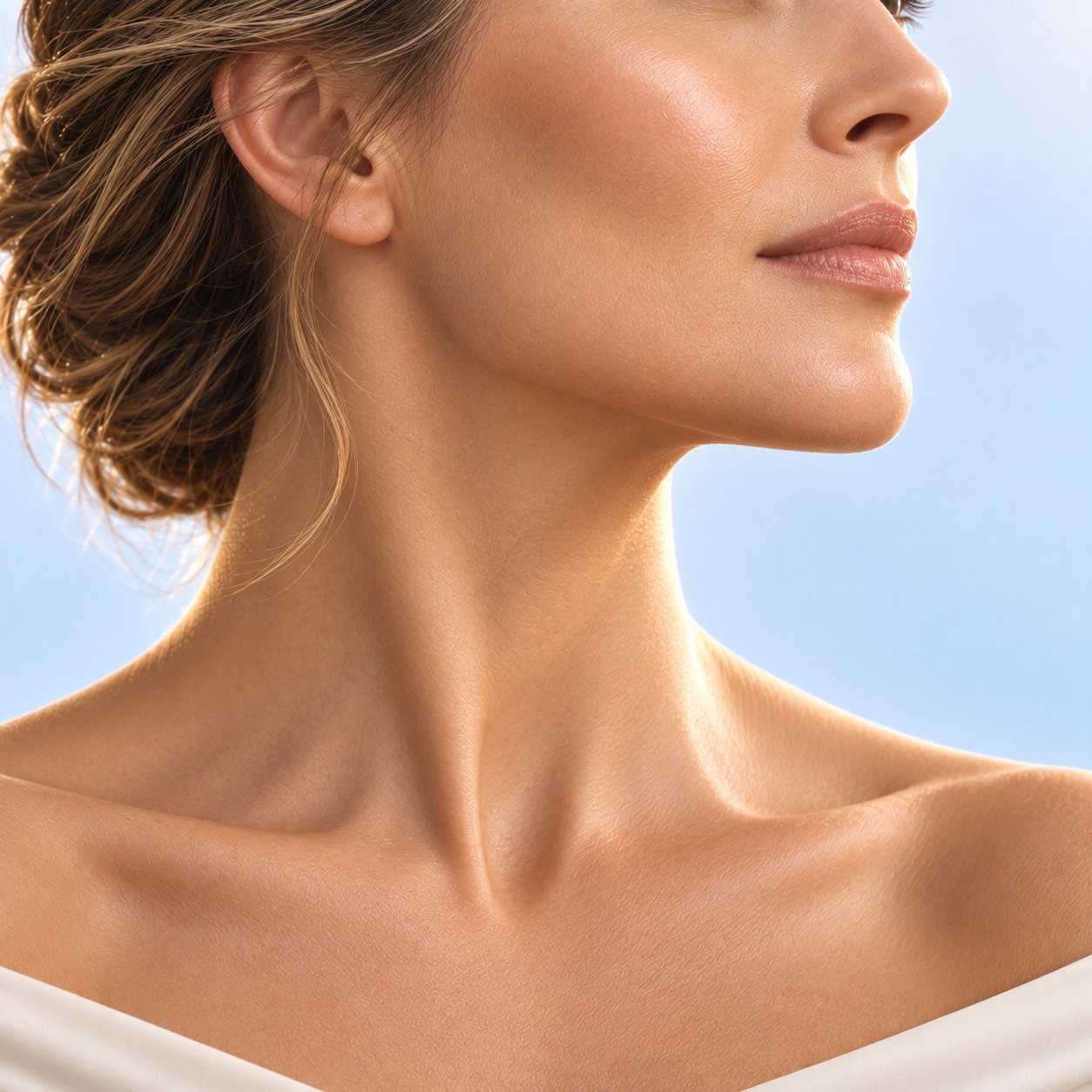 Profile of a woman's chin, jawline and lips against a blue sky