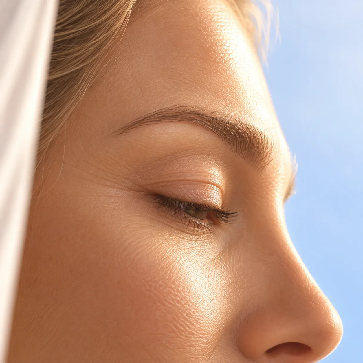 Close-up of a woman's eye and brow in soft daylight