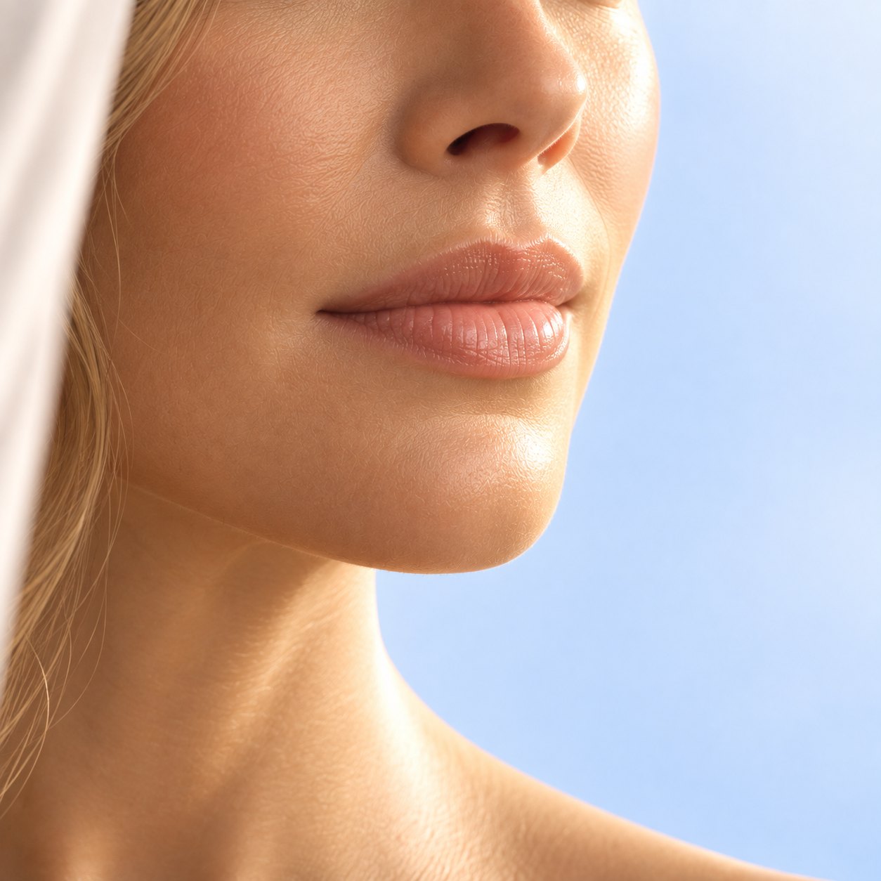 Juvederm in Beverly Hills: close-up of a woman's lips, chin and neck in profile