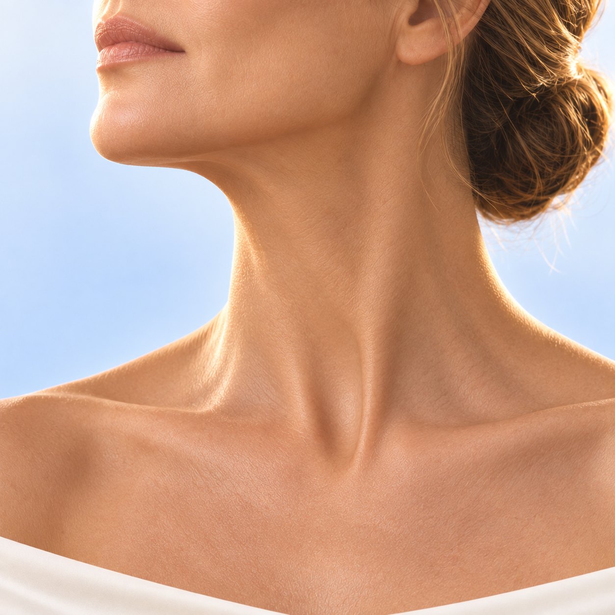 Close-up of a woman's neck and jawline with her chin lifted against a blue sky