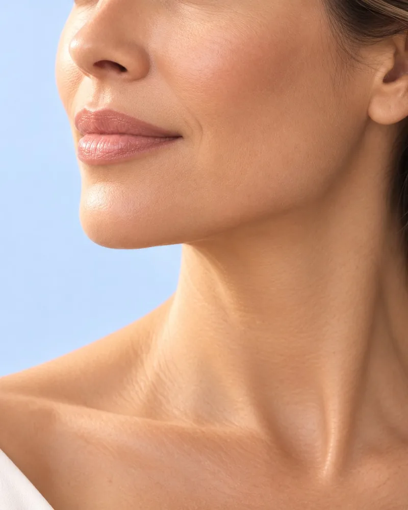 Close-up of a woman's smooth jawline and neck, the areas treated with fillers, Botox and ThermiSmooth at Dr. Cat Plastic Surgery in Beverly Hills