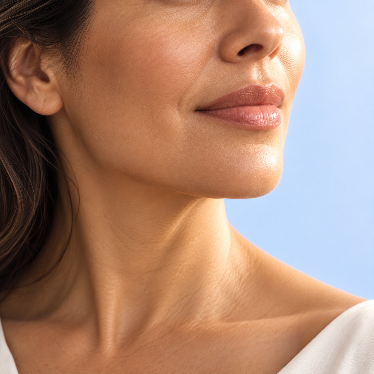 Sculptra in Beverly Hills: close-up of a woman's cheek, jawline and neck in profile